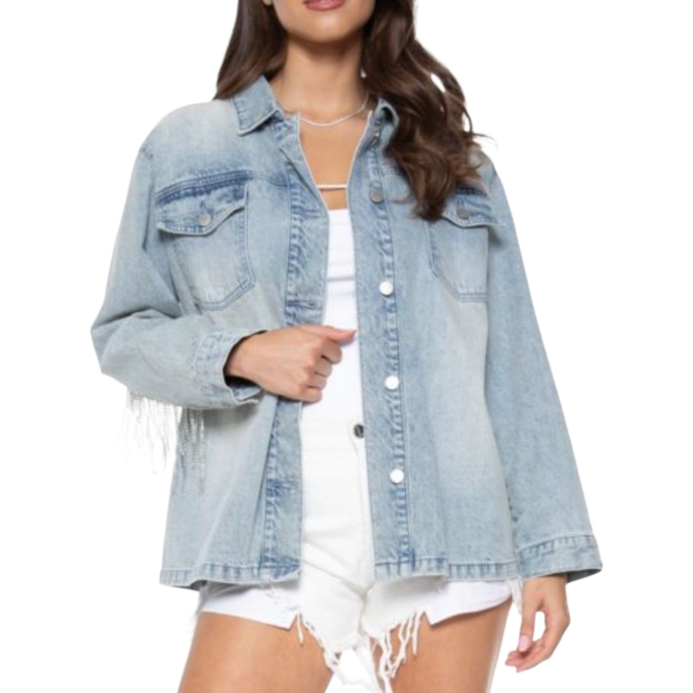 BLUE REVIVAL Nash Vegas Embellished Fringe Back Cotton Denim Jacket, L